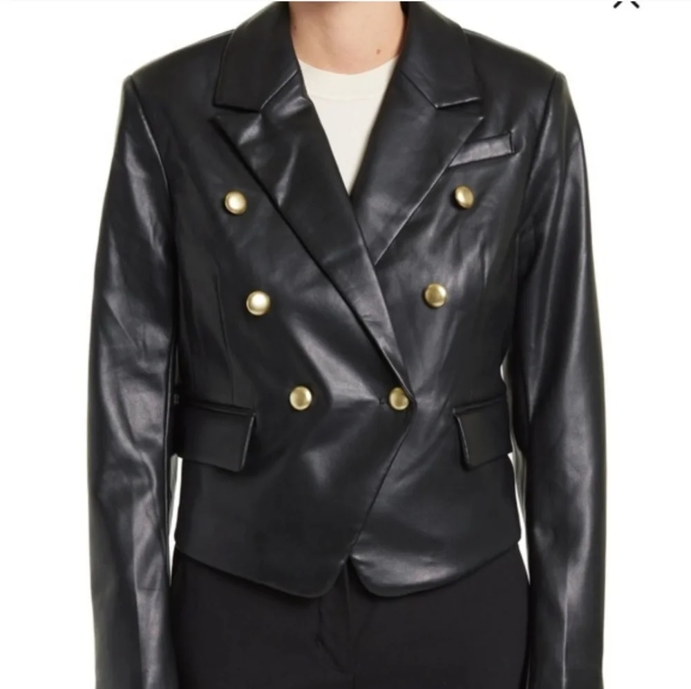AVEC LES FILLES Double Breasted Faux Leather Blazer In Black